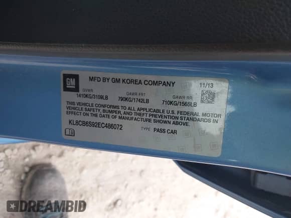 2014 Chevrolet Spark LS with VIN KL8CB6S92EC486072, listed as a IAAI auction lot 43074421 with 125,287 mi miles and . Bid and sale history available at DreamBid. Image 9.