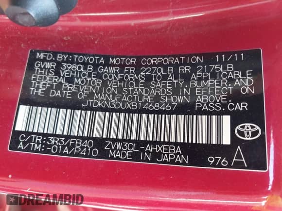 2011 Toyota Prius II with VIN JTDKN3DUXB1468467, listed as a IAAI auction lot 43559528 with 232,285 mi miles and . Bid and sale history available at DreamBid. Image 9.