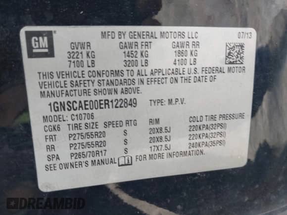 2014 Chevrolet Tahoe LS with VIN 1GNSCAE00ER122849, listed as a IAAI auction lot 42939558 with 186,637 mi miles and . Bid and sale history available at DreamBid. Image 9.
