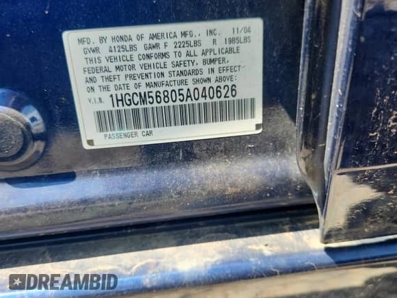 2005 Honda Accord EX-L with VIN 1HGCM56805A040626, listed as a Copart auction lot 66748615 with Not provided miles and Salvage title. Bid and sale history available at DreamBid. Image 13.