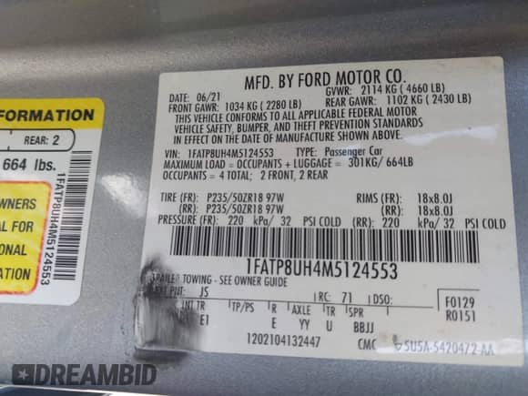 2021 Ford Mustang EcoBoost с VIN 1FATP8UH4M5124553, выставлен на аукционе IAAI как лот 41995612 с пробегом 93 291 миль миль и . История ставок и продаж доступна на DreamBid. Изображение 9.