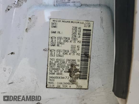 2019 Nissan Frontier S with VIN 1N6AD0ER3KN723103, listed as a Copart auction lot 58553985 with 77,000 mi miles and Salvage title. Bid and sale history available at DreamBid. Image 12.