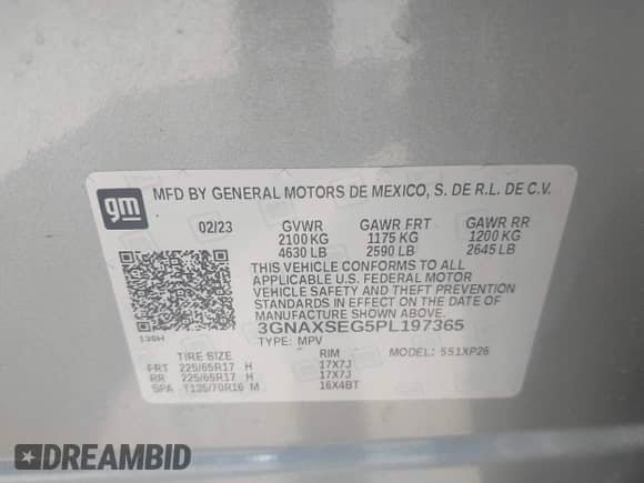 2023 Chevrolet Equinox LS z VIN 3GNAXSEG5PL197365, wystawiony jako IAAI lot #42419482 z przebiegiem 121 mil mil oraz . Historia ofert i sprzedaży dostępna na DreamBid. Obrazek 9.