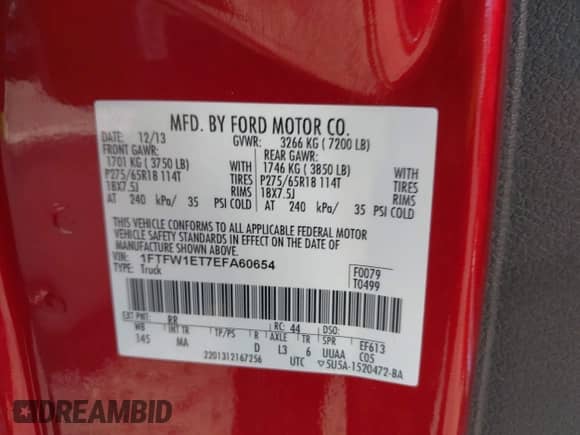 2014 Ford F-150 FX4 with VIN 1FTFW1ET7EFA60654, listed as a IAAI auction lot 43217408 with 158,212 mi miles and . Bid and sale history available at DreamBid. Image 9.