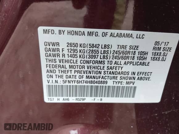 2017 Honda Pilot EX-L with VIN 5FNYF6H74HB040889, listed as a IAAI auction lot 42040094 with 84,001 mi miles and . Bid and sale history available at DreamBid. Image 9.