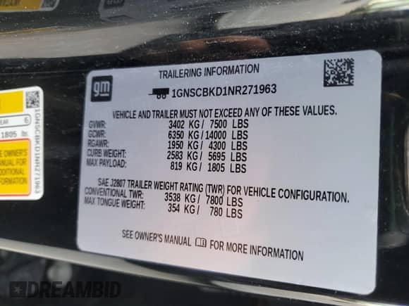 2022 Chevrolet Suburban LS with VIN 1GNSCBKD1NR271963, listed as a Copart auction lot 52889005 with 106,922 mi miles and Salvage title. Bid and sale history available at DreamBid. Image 14.