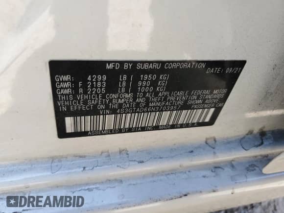 2022 Subaru Impreza Premium with VIN 4S3GTAD66N3703957, listed as a Copart auction lot 61875905 with 61,800 mi miles and Salvage title. Bid and sale history available at DreamBid. Image 13.