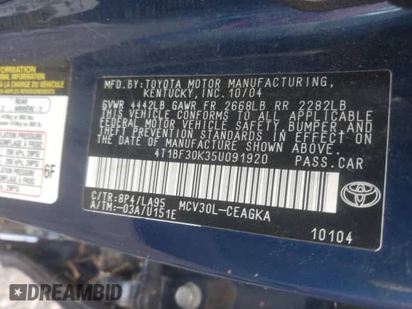 2005 Toyota Camry LE z VIN 4T1BF30K35U091920, wystawiony jako IAAI lot #43581408 z przebiegiem 130 454 mil mil oraz . Historia ofert i sprzedaży dostępna na DreamBid. Obrazek 9.