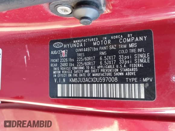 2013 Hyundai Tucson Limited с VIN KM8JU3ACXDU597008, выставлен на аукционе IAAI как лот 43426328 с пробегом 194 992 миль миль и . История ставок и продаж доступна на DreamBid. Изображение 9.