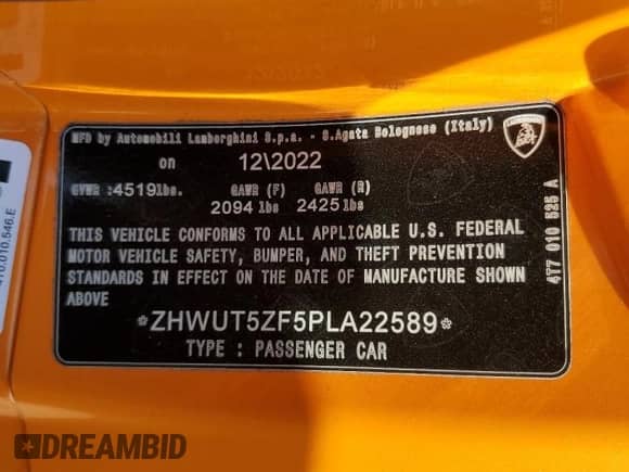 2023 Lamborghini Huracan с VIN ZHWUT5ZF5PLA22589, выставлен на аукционе Copart как лот 80068995 с пробегом 14 519 миль миль и Списание • Salvage title. История ставок и продаж доступна на DreamBid. Изображение 13.