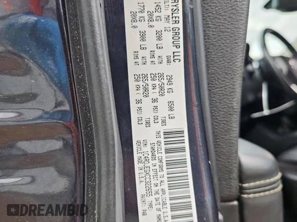 2012 Dodge Durango Citadel with VIN 1C4RDJEGXCC322655, listed as a Copart auction lot 81565505 with 225,763 mi miles and Salvage title. Bid and sale history available at DreamBid. Image 13.
