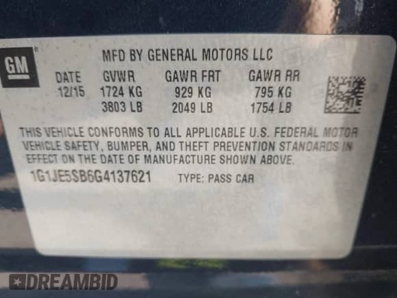 2016 Chevrolet Sonic LTZ with VIN 1G1JE5SB6G4137621, listed as a IAAI auction lot 42908761 with 180,882 mi miles and . Bid and sale history available at DreamBid. Image 9.