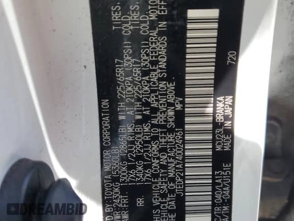 2004 Toyota Highlander Limited with VIN JTEDP21A740024961, listed as a Copart auction lot 66558585 with 235,082 mi miles and Salvage title. Bid and sale history available at DreamBid. Image 13.