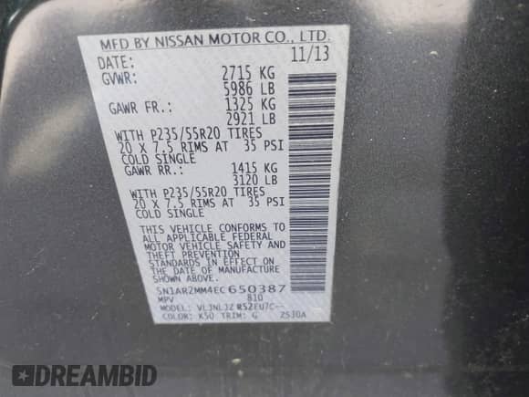 2014 Nissan Pathfinder SL with VIN 5N1AR2MM4EC650387, listed as a IAAI auction lot 42335905 with 217,649 mi miles and . Bid and sale history available at DreamBid. Image 9.