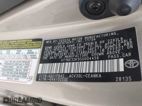 2005 Toyota Camry LE с VIN 4T1BE32K95U004456, выставлен на аукционе IAAI как лот 43102382 с пробегом 60 697 миль миль и . История ставок и продаж доступна на DreamBid. Изображение 9.
