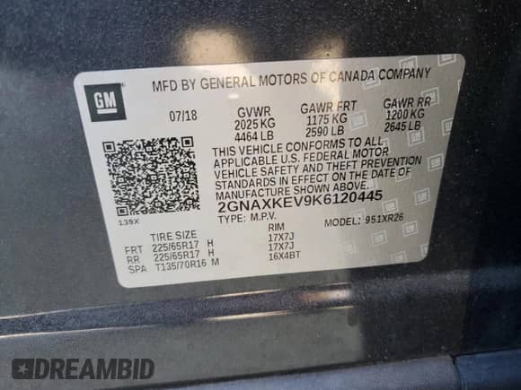 2019 Chevrolet Equinox LT с VIN 2GNAXKEV9K6120445, выставлен на аукционе Copart как лот 84970055 с пробегом 164 213 миль миль и Списание • Salvage title. История ставок и продаж доступна на DreamBid. Изображение 13.
