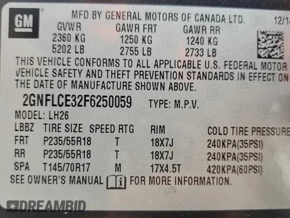 2015 Chevrolet Equinox LT with VIN 2GNFLCE32F6250059, listed as a Copart auction lot 51685445 with 131,200 mi miles and Salvage title. Bid and sale history available at DreamBid. Image 13.
