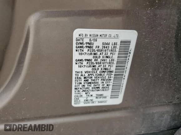 2009 Nissan Murano SL z VIN JN8AZ18U79W106337, wystawiony jako Copart lot #81324725 z przebiegiem Nie podano mil oraz Szkoda całkowita • Salvage title. Historia ofert i sprzedaży dostępna na DreamBid. Obrazek 12.