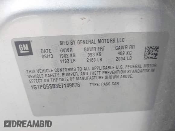 2014 Chevrolet Cruze LTZ with VIN 1G1PG5SB3E7149676, listed as a IAAI auction lot 43335255 with 129,994 mi miles and . Bid and sale history available at DreamBid. Image 9.