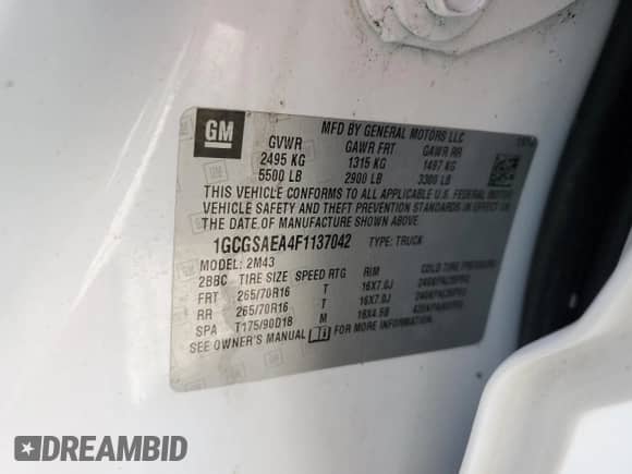 2015 Chevrolet Colorado 2WD WT с VIN 1GCGSAEA4F1137042, выставлен на аукционе Copart как лот 77266154 с пробегом Не указан миль и На запчасти • Non repairable. История ставок и продаж доступна на DreamBid. Изображение 12.