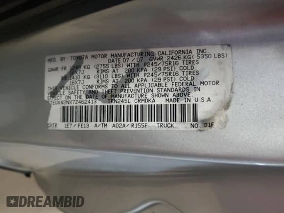 2007 Toyota Tacoma with VIN 5TEUX42NX7Z462413, listed as a Copart auction lot 59955995 with 235,190 mi miles and Clean title. Bid and sale history available at DreamBid. Image 12.