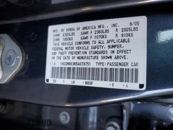 2005 Honda Accord LX with VIN 1HGCM66385A079751, listed as a Copart auction lot 62747285 with 189,427 mi miles and Salvage title. Bid and sale history available at DreamBid. Image 12.