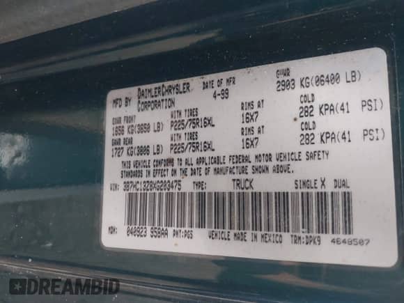 1999 Dodge 1500 с VIN 3B7HC13Z8XG203475, выставлен на аукционе IAAI как лот 41487347 с пробегом 178 014 миль миль и . История ставок и продаж доступна на DreamBid. Изображение 9.