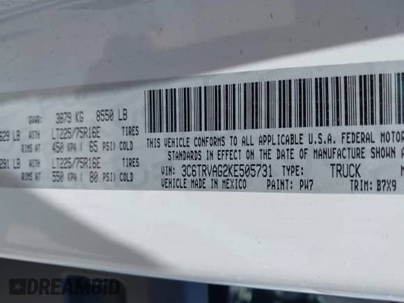 2019 Ram ProMaster Cargo with VIN 3C6TRVAG2KE505731, listed as a IAAI auction lot 42843646 with 42,895 mi miles and . Bid and sale history available at DreamBid. Image 9.