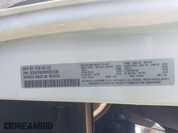 2021 Ram ProMaster Cargo with VIN 3C6LRVAG9ME521265, listed as a IAAI auction lot 41742552 with 47,020 mi miles and . Bid and sale history available at DreamBid. Image 9.