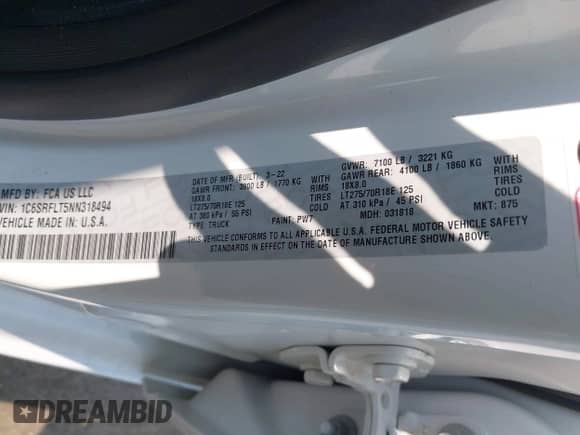 2022 Ram 1500 Rebel z VIN 1C6SRFLT5NN318494, wystawiony jako IAAI lot #42413194 z przebiegiem 59 458 mil mil oraz . Historia ofert i sprzedaży dostępna na DreamBid. Obrazek 9.