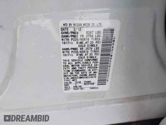 2012 Nissan Murano S with VIN JN8AZ1MW5CW223879, listed as a IAAI auction lot 43393341 with 83,810 mi miles and . Bid and sale history available at DreamBid. Image 9.