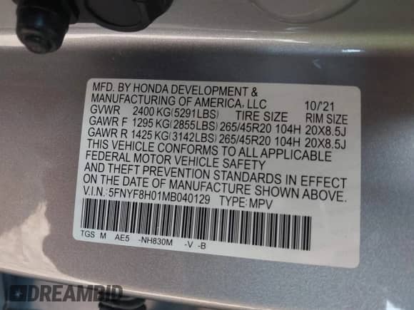 2021 Honda Passport Elite z VIN 5FNYF8H01MB040129, wystawiony jako IAAI lot #42997548 z przebiegiem 38 787 mil mil oraz . Historia ofert i sprzedaży dostępna na DreamBid. Obrazek 9.