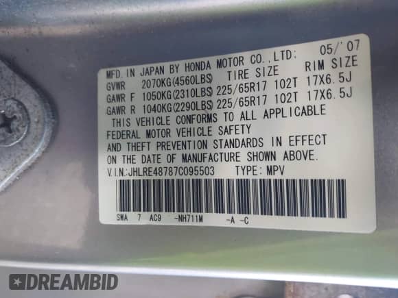 2007 Honda CR-V EX-L с VIN JHLRE48787C095503, выставлен на аукционе IAAI как лот 43526109 с пробегом 153 552 миль миль и . История ставок и продаж доступна на DreamBid. Изображение 9.