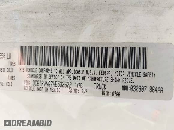 2017 Ram ProMaster Cargo with VIN 3C6TRVNG7HE532572, listed as a IAAI auction lot 42131023 with 82,963 mi miles and . Bid and sale history available at DreamBid. Image 9.