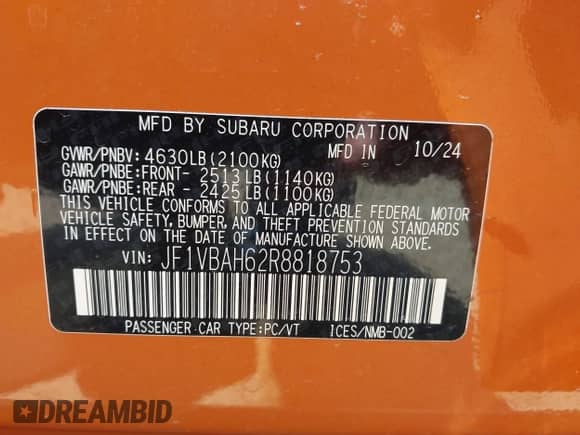 2024 Subaru WRX Premium with VIN JF1VBAH62R8818753, listed as a IAAI auction lot 42470857 with 8,664 mi miles and . Bid and sale history available at DreamBid. Image 9.