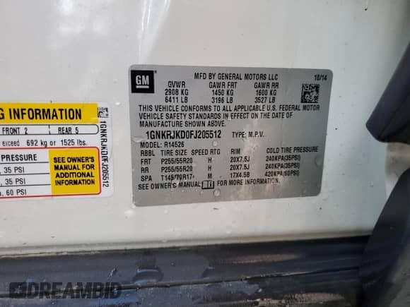 2015 Chevrolet Traverse LTZ z VIN 1GNKRJKD0FJ205512, wystawiony jako Copart lot #44443585 z przebiegiem Nie podano mil oraz Nie do naprawy • Non repairable. Historia ofert i sprzedaży dostępna na DreamBid. Obrazek 14.