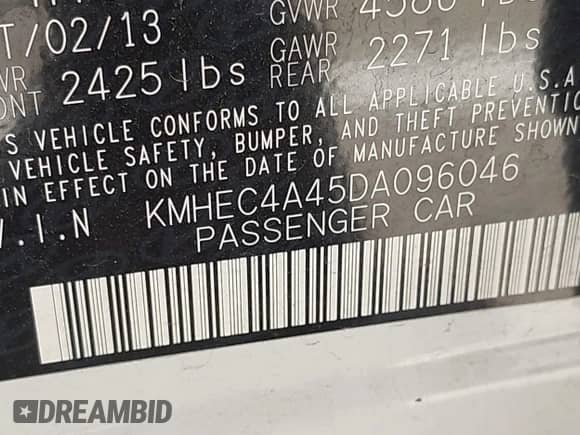 2013 Hyundai Sonata с VIN KMHEC4A45DA096046, выставлен на аукционе IAAI как лот 42820354 с пробегом 116 096 миль миль и . История ставок и продаж доступна на DreamBid. Изображение 9.