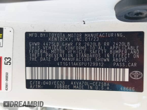 2023 Toyota Camry SE с VIN 4T1G11AK6PU129912, выставлен на аукционе IAAI как лот 42527485 с пробегом 28 726 миль миль и . История ставок и продаж доступна на DreamBid. Изображение 9.