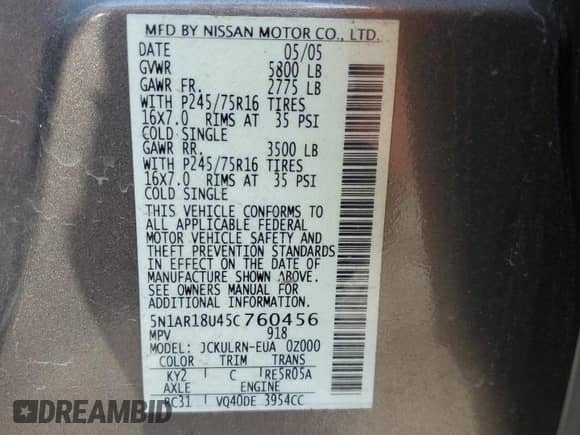 2005 Nissan Pathfinder SE z VIN 5N1AR18U45C760456, wystawiony jako Copart lot #81445635 z przebiegiem 159 093 mil mil oraz Szkoda całkowita • Salvage title. Historia ofert i sprzedaży dostępna na DreamBid. Obrazek 13.