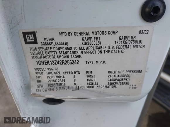 2002 Chevrolet Tahoe Z71 z VIN 1GNEK13Z42R256342, wystawiony jako IAAI lot #41838869 z przebiegiem 230 351 mil mil oraz . Historia ofert i sprzedaży dostępna na DreamBid. Obrazek 9.