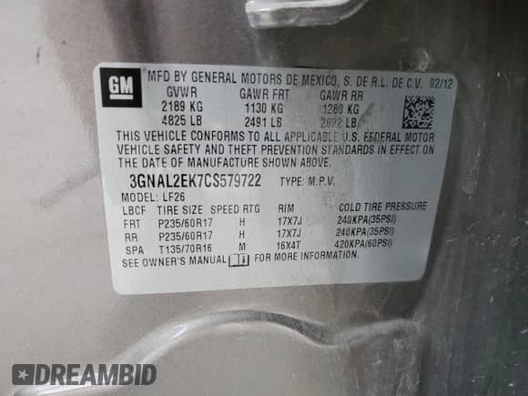 2012 Chevrolet Captiva Sport LS with VIN 3GNAL2EK7CS579722, listed as a Copart auction lot 89831695 with 151,921 mi miles and Salvage title. Bid and sale history available at DreamBid. Image 13.