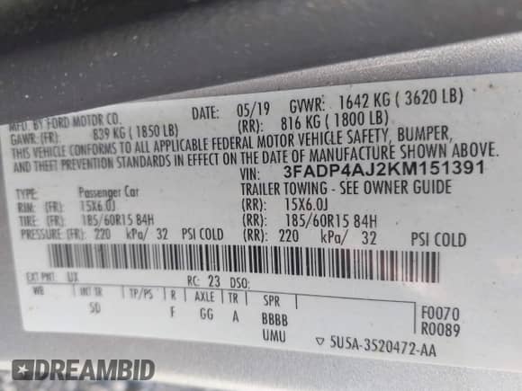 2019 Ford Fiesta S with VIN 3FADP4AJ2KM151391, listed as a IAAI auction lot 42574375 with 97,126 mi miles and . Bid and sale history available at DreamBid. Image 9.