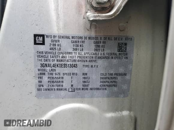 2014 Chevrolet Captiva Sport LTZ с VIN 3GNAL4EK0ES513043, выставлен на аукционе Copart как лот 71162854 с пробегом 94 068 миль миль и Списание • Salvage title. История ставок и продаж доступна на DreamBid. Изображение 12.