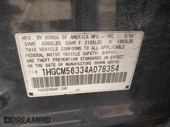 2004 Honda Accord LX с VIN 1HGCM56334A078354, выставлен на аукционе IAAI как лот 43272329 с пробегом 301 105 миль миль и . История ставок и продаж доступна на DreamBid. Изображение 9.