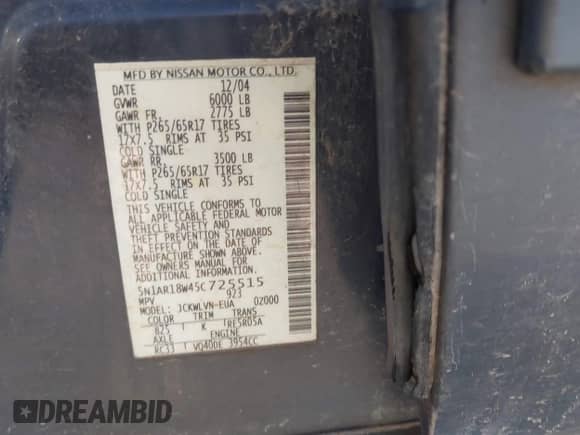 2005 Nissan Pathfinder SE z VIN 5N1AR18W45C725515, wystawiony jako IAAI lot #42903399 z przebiegiem Nie podano mil oraz . Historia ofert i sprzedaży dostępna na DreamBid. Obrazek 9.