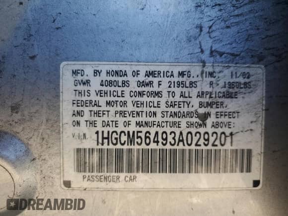 2003 Honda Accord LX z VIN 1HGCM56493A029201, wystawiony jako Copart lot #70116385 z przebiegiem 271 226 mil mil oraz Szkoda całkowita • Salvage title. Historia ofert i sprzedaży dostępna na DreamBid. Obrazek 12.