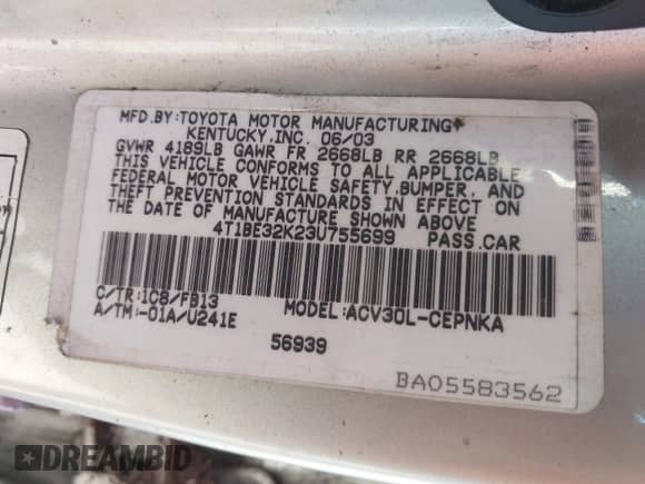 2003 Toyota Camry LE с VIN 4T1BE32K23U755699, выставлен на аукционе IAAI как лот 43387414 с пробегом 365 191 миль миль и . История ставок и продаж доступна на DreamBid. Изображение 9.