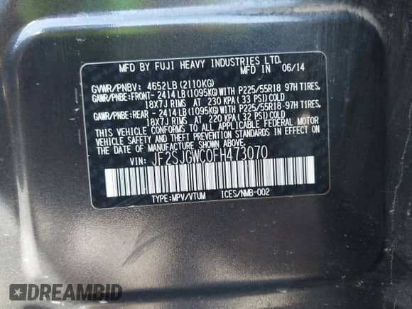 2015 Subaru Forester XT Touring with VIN JF2SJGWC0FH473070, listed as a IAAI auction lot 43024485 with 220,181 mi miles and . Bid and sale history available at DreamBid. Image 9.