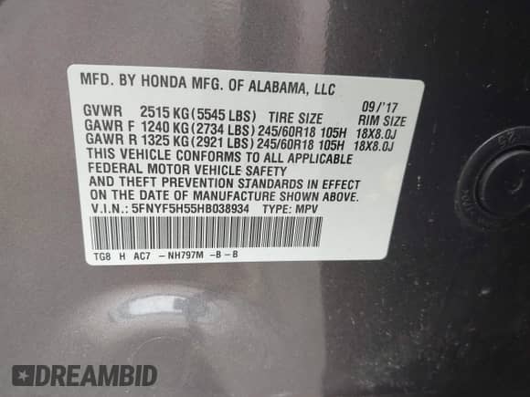 2017 Honda Pilot EX-L z VIN 5FNYF5H55HB038934, wystawiony jako IAAI lot #42892558 z przebiegiem 80 984 mil mil oraz . Historia ofert i sprzedaży dostępna na DreamBid. Obrazek 9.