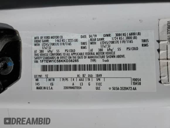 2019 Ford F-150 XL with VIN 1FTEW1C58KKD38285, listed as a Copart auction lot 71183105 with 89,327 mi miles and Salvage title. Bid and sale history available at DreamBid. Image 12.